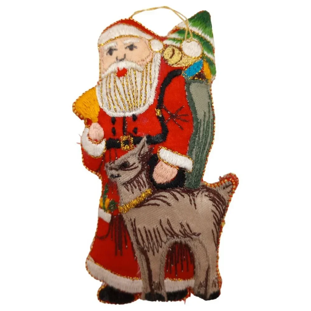 Vtg‎ Embroidered Holiday Christmas Ornament Gold Threads Lot 6 Santa Angel Bell